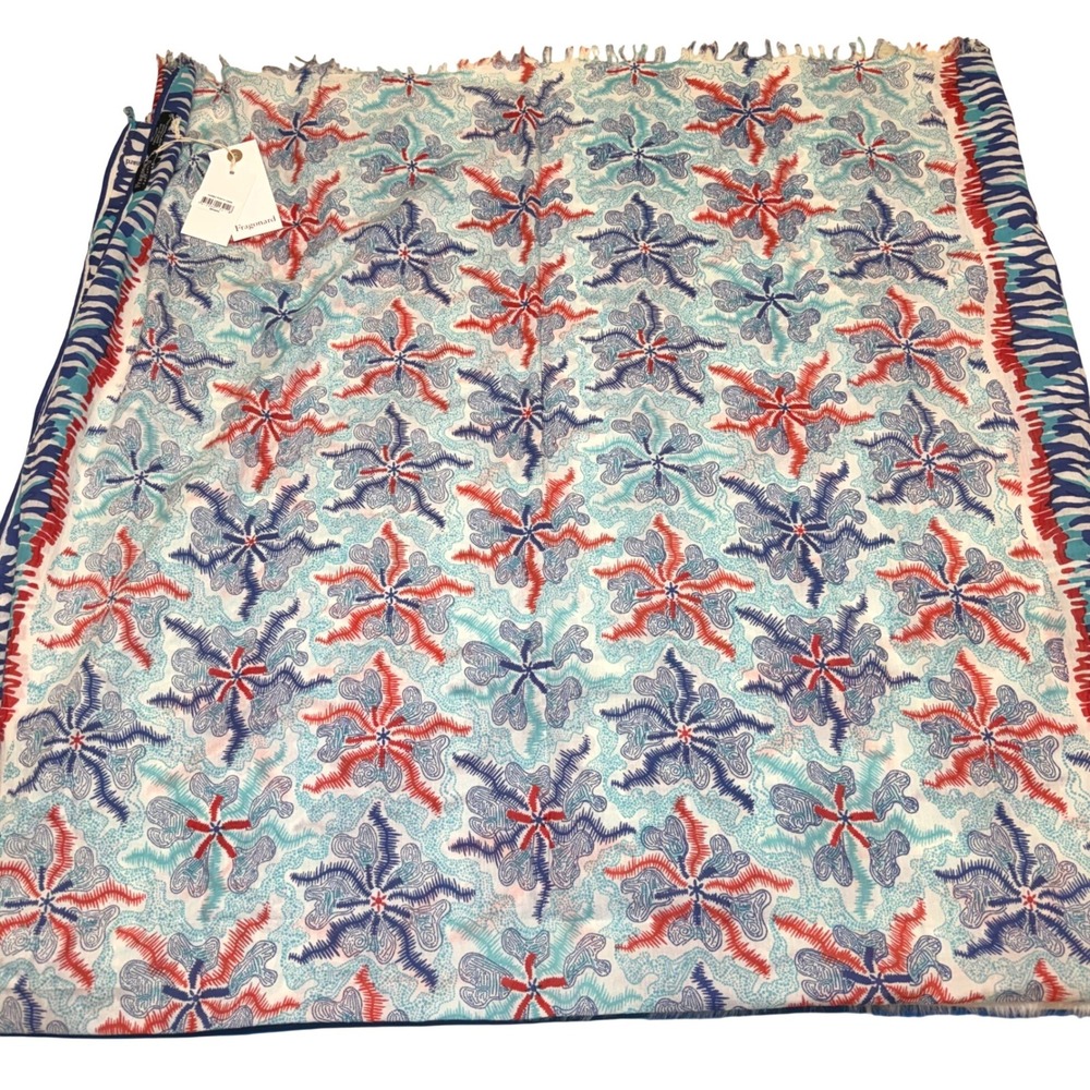 NWT Fragonard Pareo Punta Cana Cotton Scarf Beach Blue Red Starfish Print